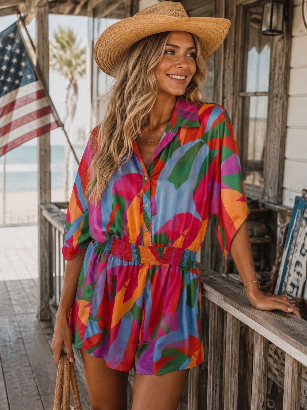 Adrienne Coastal Cowgirl Aesthetic Satin‎ Romper Smocked Waist Large